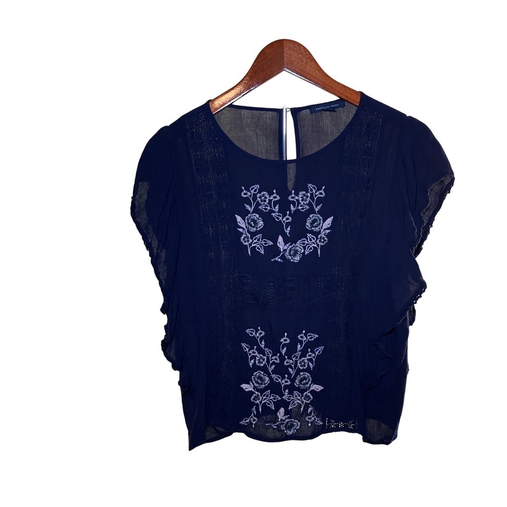 American Eagle Woman's M Embroidered Flutter Sleeve Blouse Navy Blue Boho
